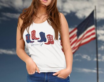 American Cowgirl Tank Top, Fouth of July Top, Summer Western Boho Country Girl Shirt, Rodeo Ranch Horses Tank, Plus Size Top, Cowboy Boots
