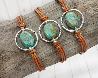 Turquoise Leather Silver Cowgirl Bracelet, Southwestern Jewelry, Small Teen Turquoise Hippie Bracelet, Western Jewelry, Festival Jewelry