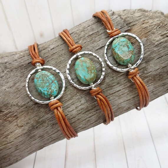 Turquoise Leather Silver Cowgirl Bracelet, Southwestern Jewelry, Small Teen Turquoise Hippie Bracelet, Western Jewelry, Festival Jewelry