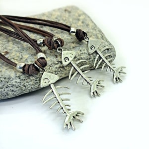 Fish Bone Necklace on Leather, Fish Skeleton Pendant, Men Male Fishing Gift, Fisherman Necklace Jewelry, Boho Goth Emo Jewelry, Mens Surfer