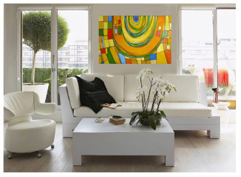 Abstrakte Malerei im Stil von Hundertwasser, Öl, Leinwand auf Rahmen 60x100cm Bild 2