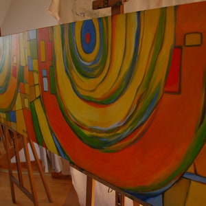 Abstrakte Malerei im Stil von Hundertwasser, Öl, Leinwand auf Rahmen 60x100cm Bild 3