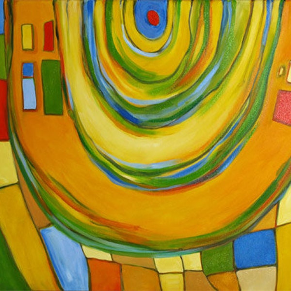 Abstrakte Malerei im Stil von Hundertwasser, Öl, Leinwand auf Rahmen 60x100cm