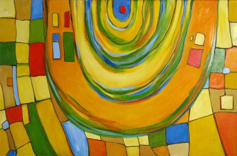 Abstrakte Malerei im Stil von Hundertwasser, Öl, Leinwand auf Rahmen 60x100cm Bild 1