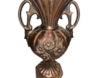 Vintage Etched Copper Art Nouveau Vase Urn High Relief Fluted Design Heavy