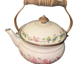 ASTA Enamelware Tea Kettle Teapot Brass Handles Floral Vintage 2 quart Germany