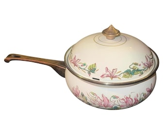 Vintage ASTA deutsche Emaille Soßen Pfanne mit Messing Griff Floral Pink