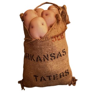 May include: A hessian sack filled with several light brown potatoes. The sack has a woven handle and the words "ARKANSAS TATERS" printed on the front in black. The potatoes are visible spilling out of the top of the sack.
