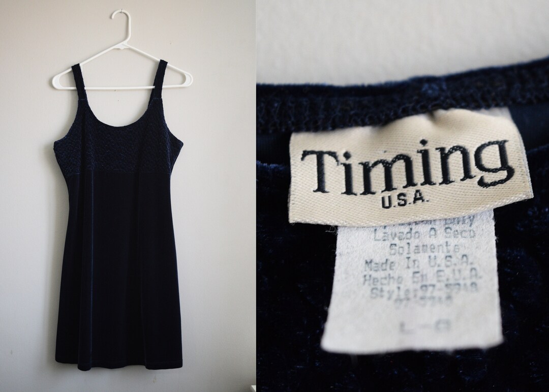 Vintage Navy Blue Velvet Slip Dress by Timing Short Strap Made in USA