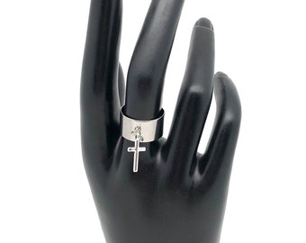 Ring verstelbaar van RVS met bedel, verstelbare ring met kruis, zilveren verstelbare ring met verzilverde kruis bedel