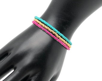 Set van 3 miyuki  kralen armbanden, boho stretch kralen armband, kleurrijke kralen armband,  kralen armband turquoise, fuchsia roze en goud