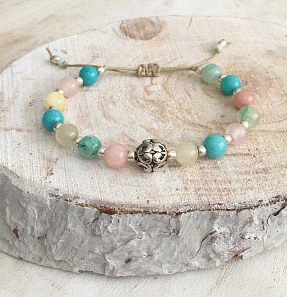 macrame bracelet knotted gemstone candle rope off-white green /& Turquoise Boho