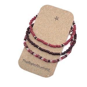Set van 3 boho stretch kralenarmbanden, Miyuki rocaille kralenarmbanden set in turquoise, framboos, roze en zilver, stapelarmbanden
