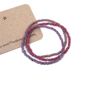 Set of 3 boho stretch beaded bracelets, Miyuki rocaille beaded bracelets set in raspberry, lilac, gray/purple, elastic stacking bracelets