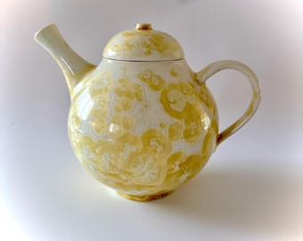 Handmade Studio Pottery, White and Gold Crystall Glazed Teapot, Hand Thrown, Porcelain, Ceramic Art