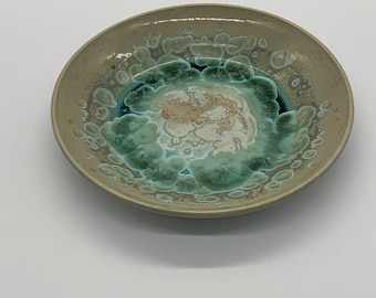 Shallow bowl, Organic Green Crystalline Glaze, 10.5 Diameter.
