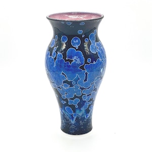 Handgefertigte Studio Keramik Vase, blaue Kristallglasur, einzigartige Keramikkunst