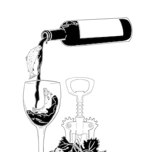 Poster Print - Wine, Salmon, Winelover, Kitchen, Glass, Grapes, Fruit, Black & White