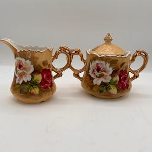 1950’s Vintage Lefton Rose Brown Creamer and Sugar Bowl with lid