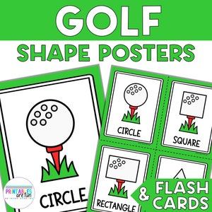 Pode incluir: Quatro cartões de memória verdes com contornos pretos e bolas de golfe brancas em cima de um tee vermelho. Cada cartão tem uma forma diferente: círculo, quadrado, retângulo e triângulo. As palavras "CÍRCULO", "QUADRADO", "RETÂNGULO" e "TRIÂNGULO" são impressas em preto abaixo de cada forma. As palavras "GOLF SHAPE POSTERS & FLASH CARDS" são impressas em preto no topo da imagem.