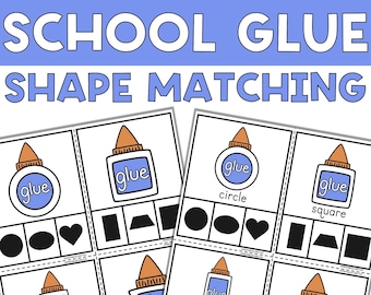 May include: A set of printable clip cards for kids to practice shape matching. The cards feature a cartoon glue bottle and different shapes: circle, square, and rectangle. The text "SCHOOL GLUE SHAPE MATCHING CLIP CARDS" is at the top of the image.