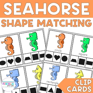 Cartões de Clipe de Correspondência de Formas 2D de Cavalo-marinho | Atividade de Matemática Imprimível para Pré-escola, Jardim de Infância, Educação Domiciliar | Tema Animal Oceânico