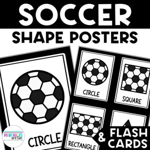Pode incluir: Pôsteres e flashcards em preto e branco com formas de bola de futebol. Os pôsteres mostram uma bola de futebol dentro de um círculo, um quadrado, um retângulo e um triângulo. Os flashcards mostram as mesmas formas com uma bola de futebol dentro.