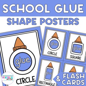 May include: Educational posters and flash cards featuring shapes and glue bottles. The posters and flash cards have a white background with blue and orange accents. The text on the posters reads "SCHOOL GLUE SHAPE POSTERS" and "CIRCLE", "SQUARE", and "RECTANGLE".