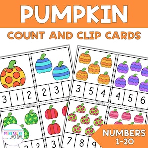 Fall Pumpkin Count and Clip Cards 1-20 | Printable Math Activity for Preschool, Kindergarten, Homeschool