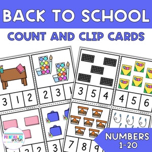 Contagem de volta às aulas e cartões de clipe 1-20 | Cartões de tarefas matemáticas | Contagem para impressão 1-20 Atividade matemática para pré-escola, jardim de infância e ensino doméstico