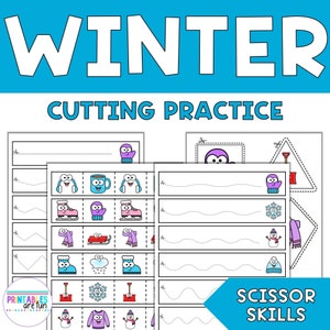 Könnte beinhalten: Winter-basierte, druckbare Schneidübungs-Aktivität für Kinder. Die Druckvorlage enthält Bilder von Winterartikeln wie Fäustlingen, Pinguinen, Schneemännern und mehr. Der Text "Winter Cutting Practice" und "Scissor Skills" ist auf der Druckvorlage enthalten.