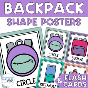 May include: A set of four printable posters featuring different shapes of backpacks. The shapes include a circle, square, rectangle, and triangle. Each poster has a colorful backpack with a zipper and the name of the shape written below it. The posters are labeled "Backpack Shape Posters & Flash Cards".