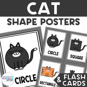 Pode incluir: Pôsteres educativos e cartões flash com formas de gatos. Os pôsteres exibem um gato preto em um círculo, um quadrado e um retângulo. O texto "CAT SHAPE POSTERS" está no topo, com "CIRCLE", "SQUARE" e "RECTANGLE" abaixo.