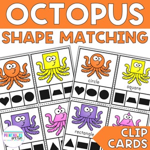 Cartões de clipe de correspondência de formas 2D de polvo | Atividade matemática para impressão para pré-escola, jardim de infância, educação domiciliar | Tema de animais do oceano