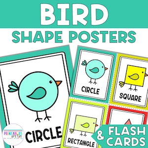 Pode incluir: Cartazes educativos e cartões flash com formas geométricas em forma de pássaro. Os cartazes exibem um círculo, um quadrado e um retângulo, cada um com uma ilustração de pássaro correspondente. O texto "BIRD SHAPE POSTERS" está no topo.