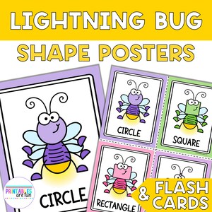 Pode incluir: Um conjunto de quatro cartões de memória imprimíveis com um vaga-lume de desenho animado com diferentes formas. As formas são círculo, quadrado, retângulo e círculo. O texto "Lightning Bug Shape Posters & Flash Cards" está no topo da imagem.