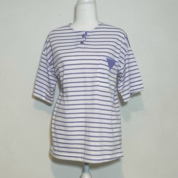 Fashion Spirit Vintage 80’s Lilac Striped Androgynous Polo T-Shirt Size Small