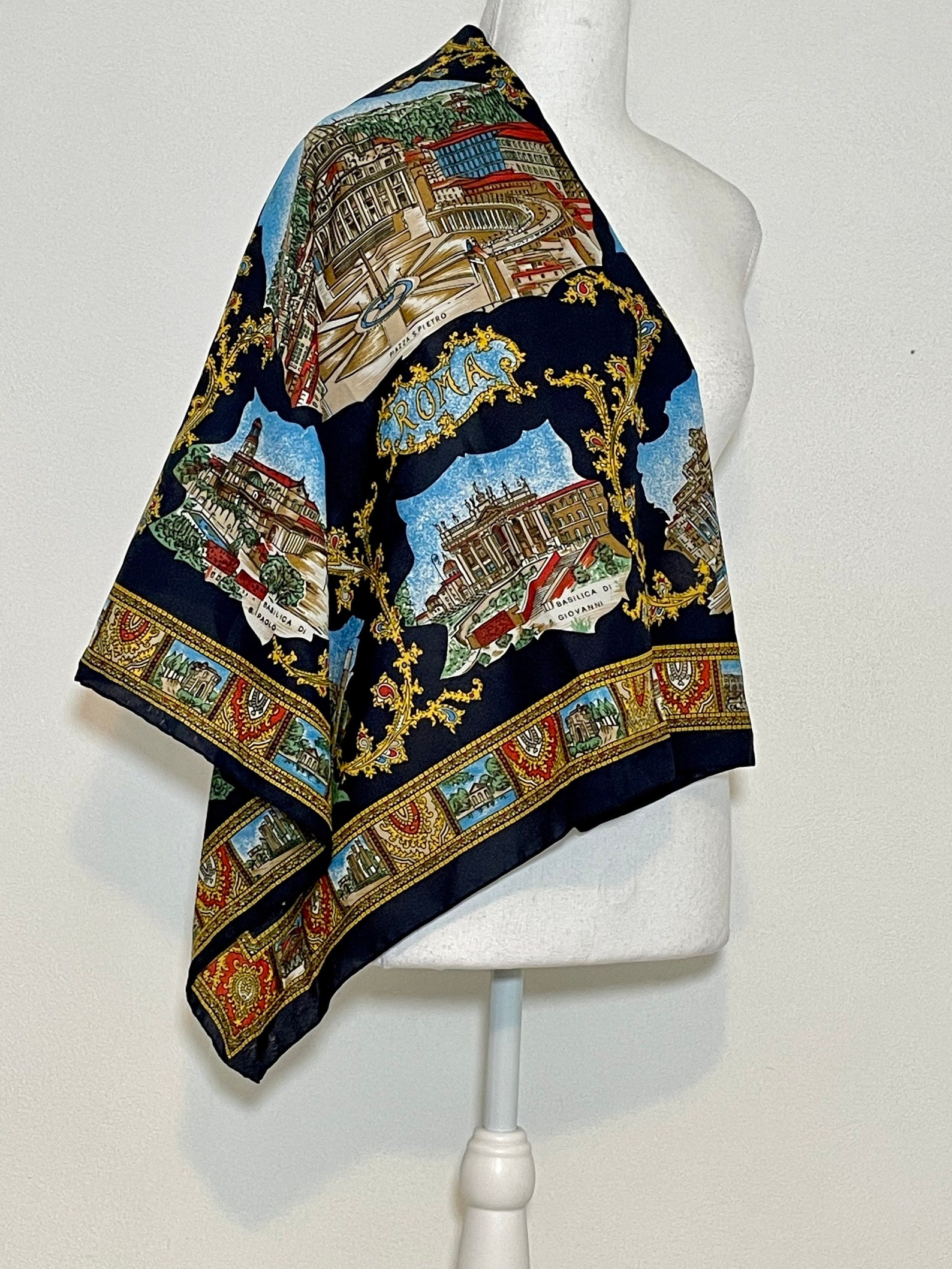 Vintage Italian Made Roma Landmark Navy Square Scarf | Etsy