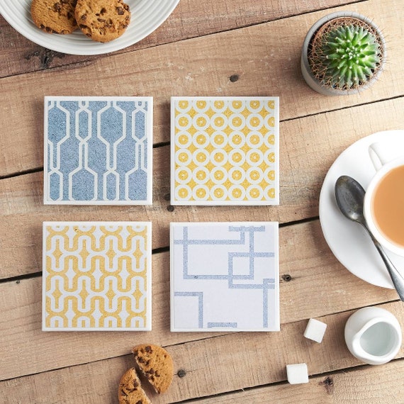 Geometric Print - Ceramic Tile Coasters - Grey and Yellow - Denim Design, Coaster Set