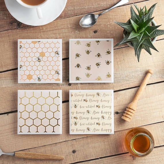 Bee Happy Ceramic Coasters, Tile Coasters, Bees