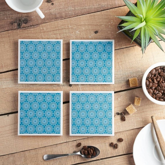 Teal Lace Ceramic Tile Coaster Set.