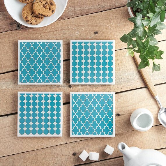 Teal Geometric Tile Coasters, Teal Coasters, Coasters, Coaster Set