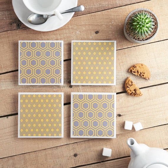 Honeycomb Grey and Yellow Ceramic Tile Coasters, Coaster Gift Set