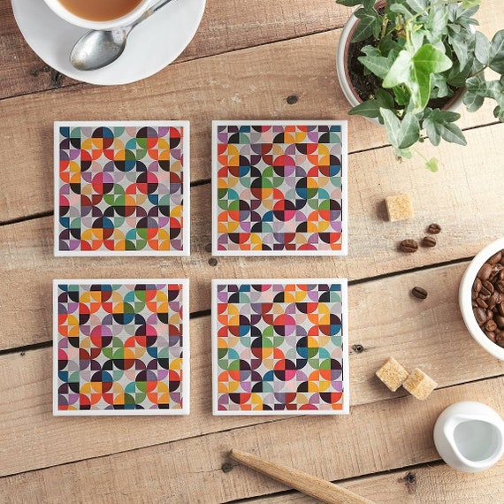 Multicoloured Coasters, Vintage, Coasters, Tile Coasters, Coasters, Geometric, Coaster Set