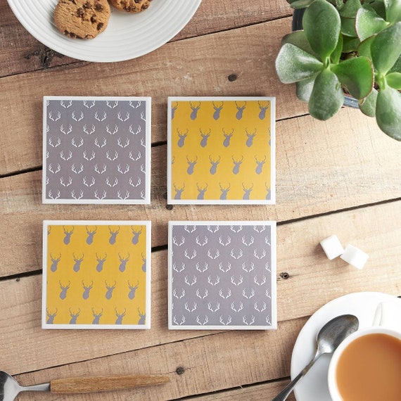 Stag Coasters, Antlers, Yellow and Grey Ceramic Tile Coasters, Drinks Mats, Coaster Set