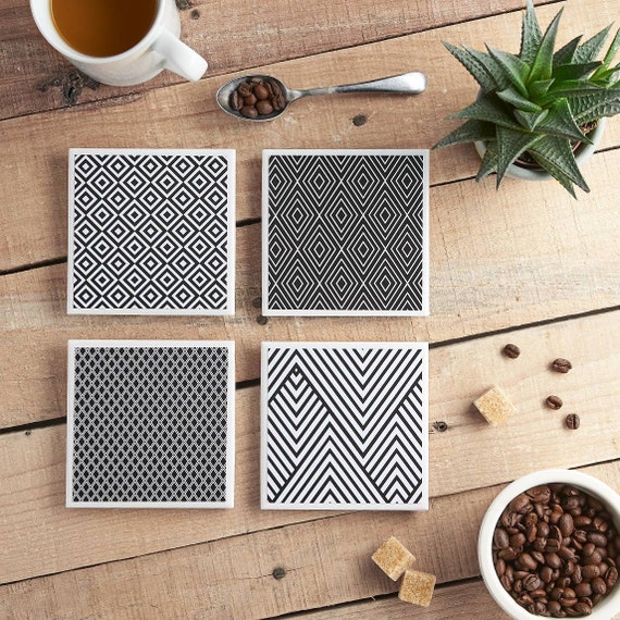Black and White Coasters, Ceramic Coasters, Tile Coasters, Monochrome Coasters, Geometric Coasters, Coaster Set