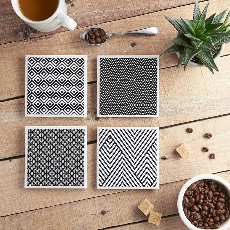 Set of 4 Ceramic Coasters Tile Coasters Monochrome Coasters Etsy