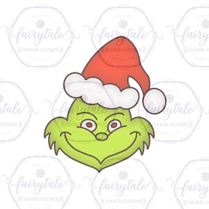 May include: Green Grinch character wearing a red and white Santa hat. The Grinch is smiling with his eyes closed. The character is outlined in black.
