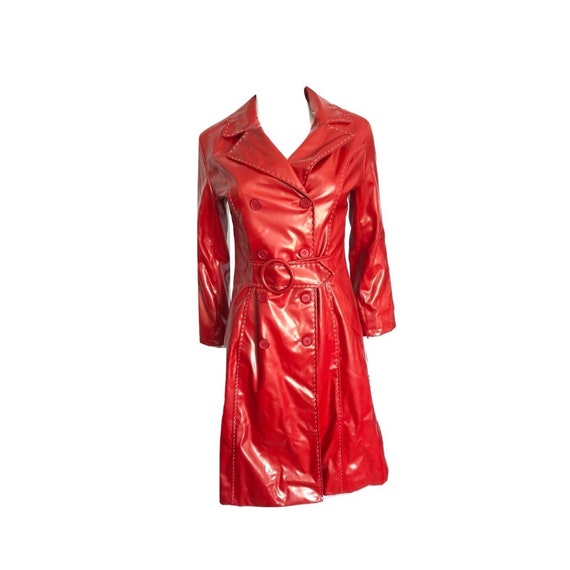 Vintage Red Faux Leather Trench Coat, Red Trench C