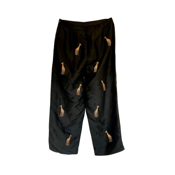 Giraffe Embroidered Black Silk Pants